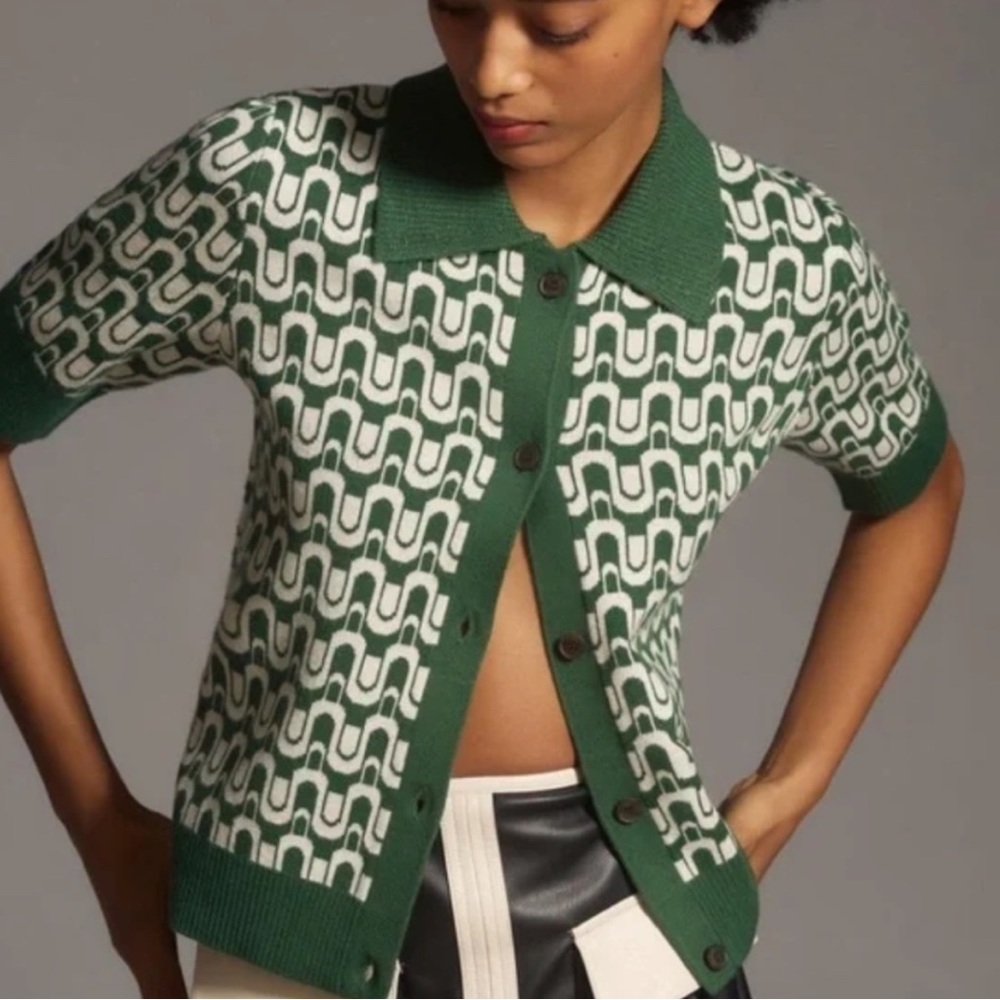 Maeve - Kinsley Collared Cardigan Sweater in Green Motif - Size XXS